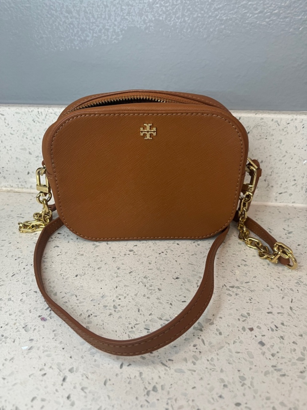 Tory Burch Cognac Saffiano Leather Crossbody with Gold Chain